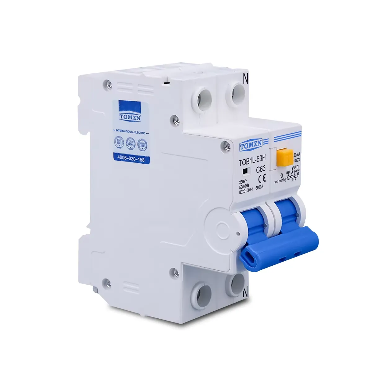 TOMZN RCBO TOB1L-63H 2P 63A 230V AC 50Hz/60Hz Residual Current Circuit breaker with over current and Leakage protection RCBO