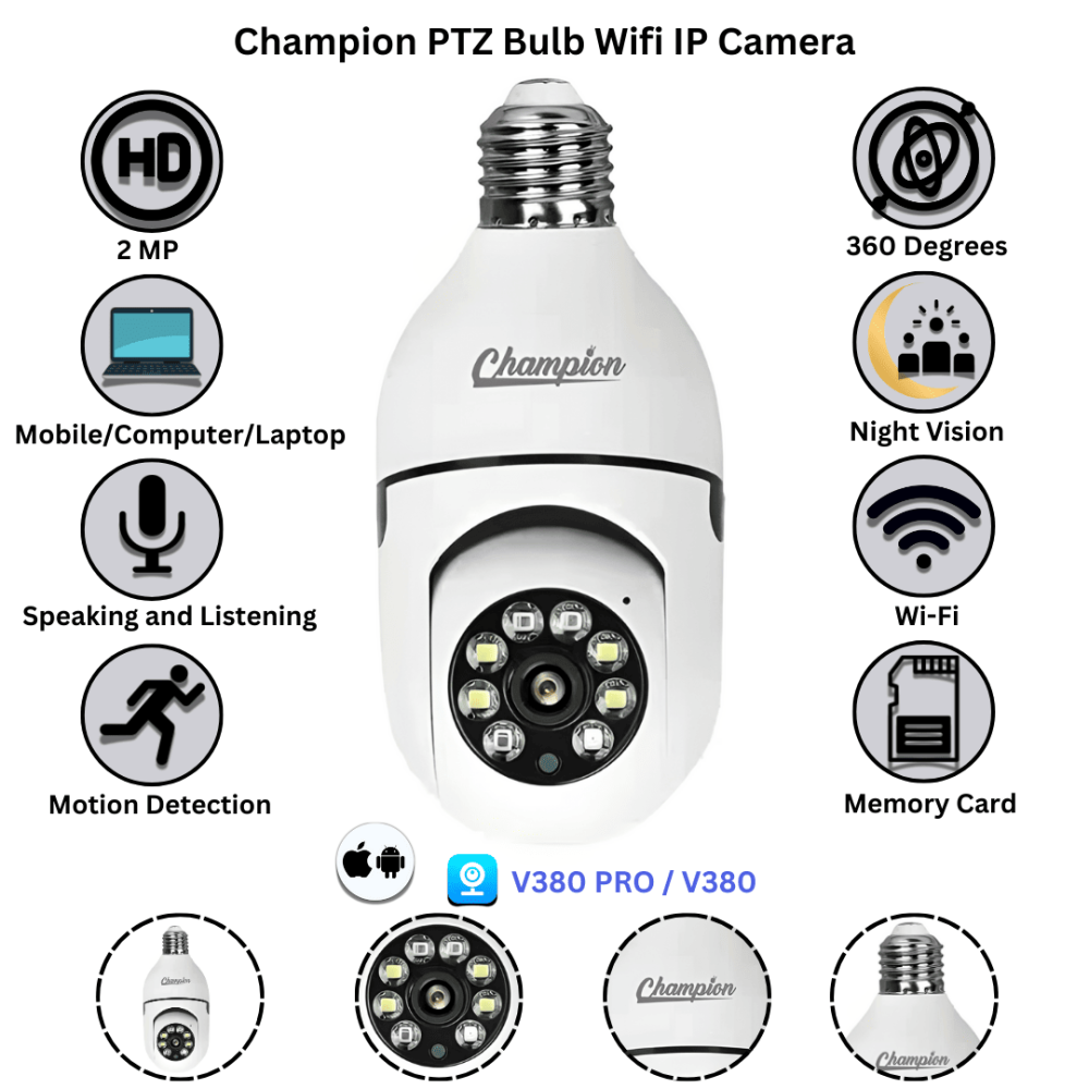 Champion V380 Pro Bulb Camera PTZ WiFi IP Security Cam